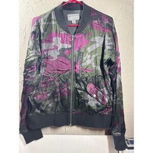 Marrakech Anthropologie Bomber Jacket‎ Camo Purple Green Black Satin Size Medium